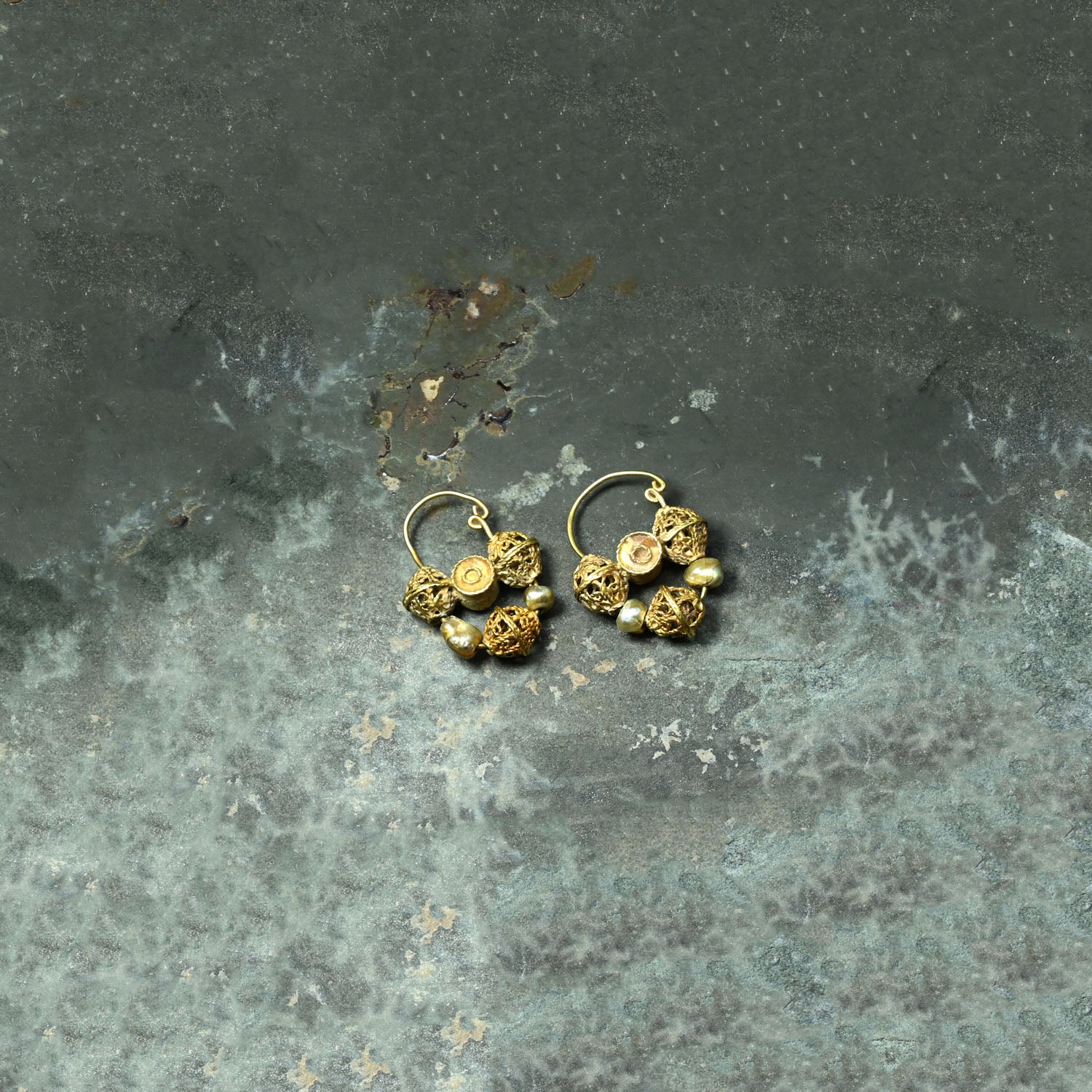 Byzantine/Islamic Pair of Gold, Turquoise, Pearl Earrings, ca. 10th century CE