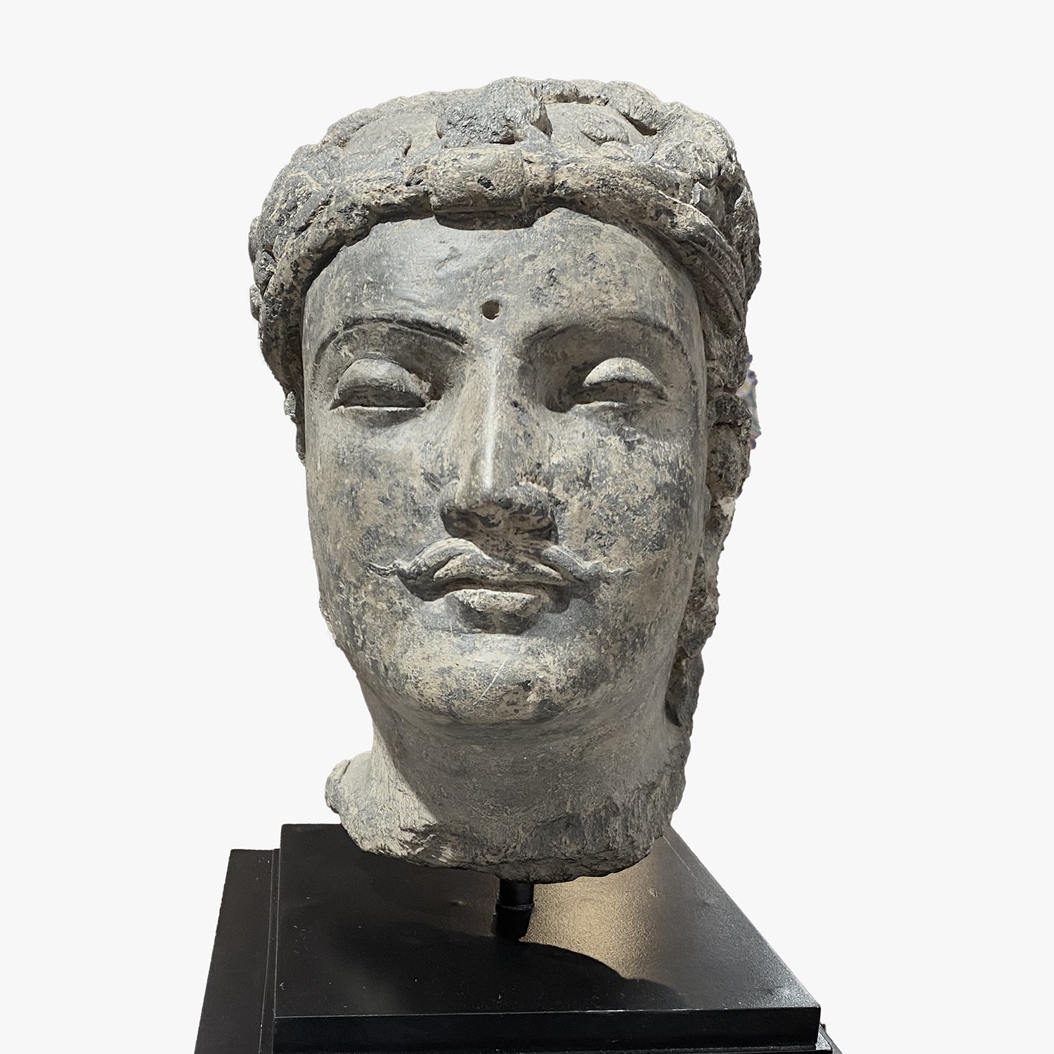 Ein feiner Gandhara-Kopf eines Bodhisattvas aus grauem Schiefer, ca. 2. – 3. Jahrhundert n. Chr