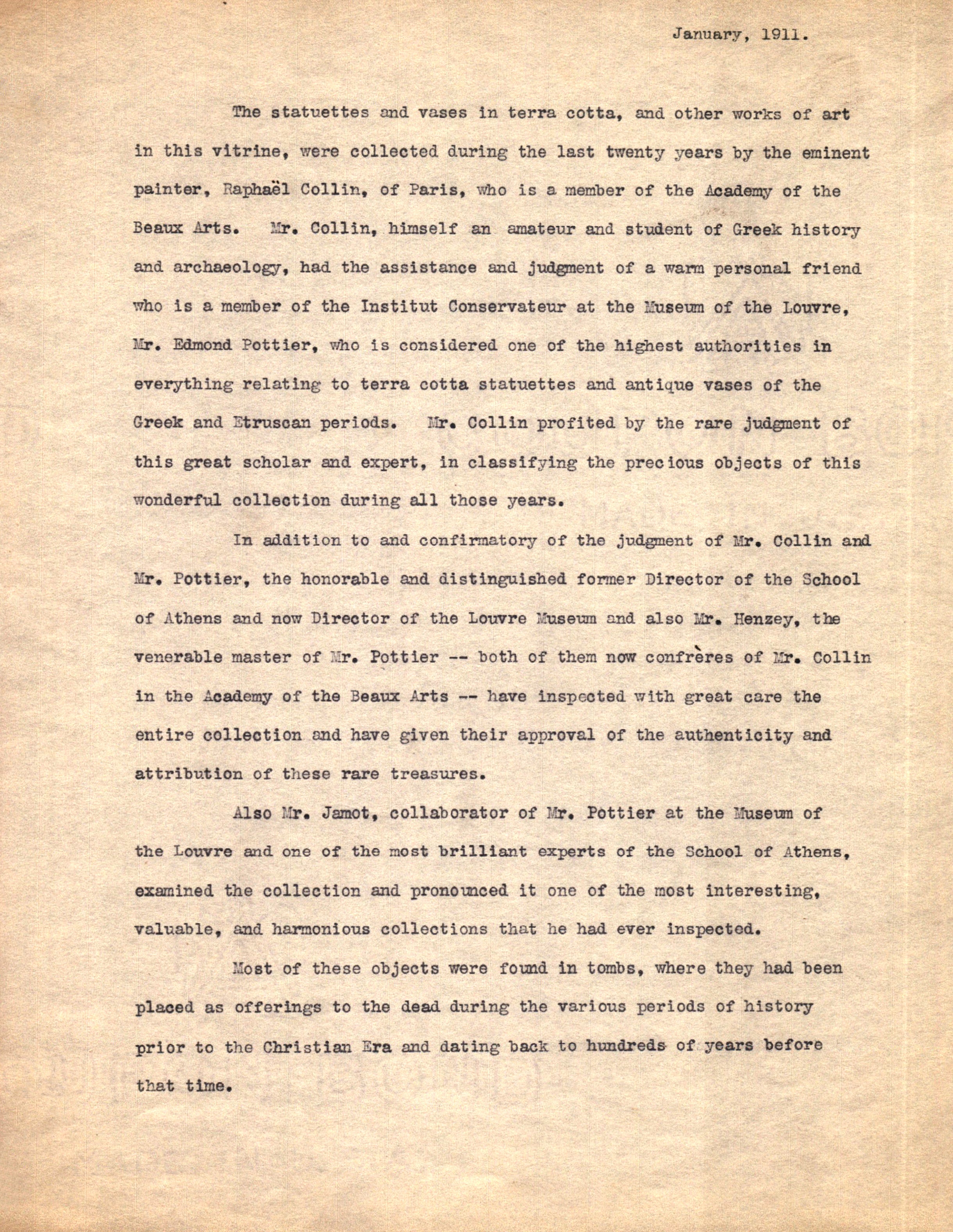 Raphael Collin (1911) Collection of Antique Grecian, Egyptian and Etruscan Statuettes, Vases, Tanagras, etc