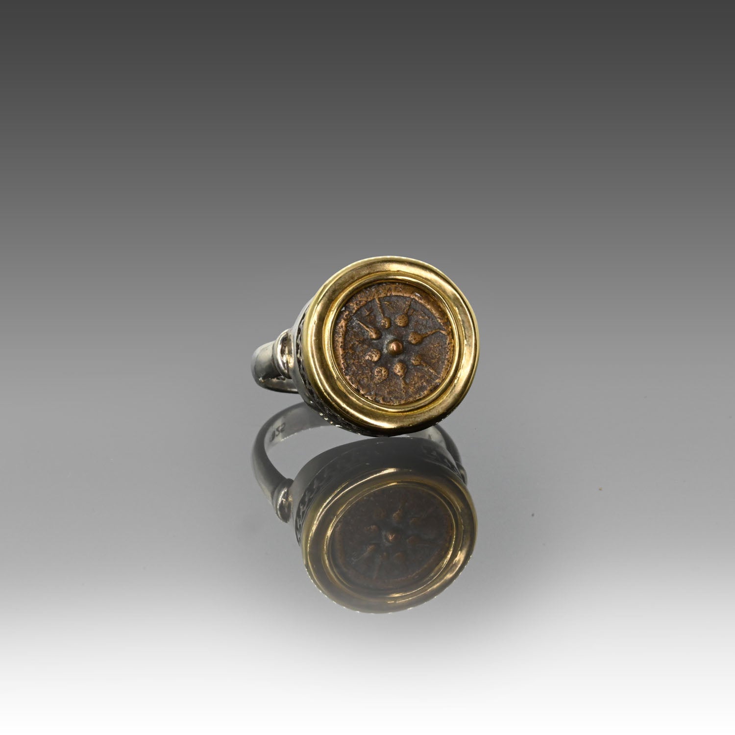 A Silver and Gold Ring With Ancient Widows Mite Biblical Coin, ca. 103 - 76 BCE