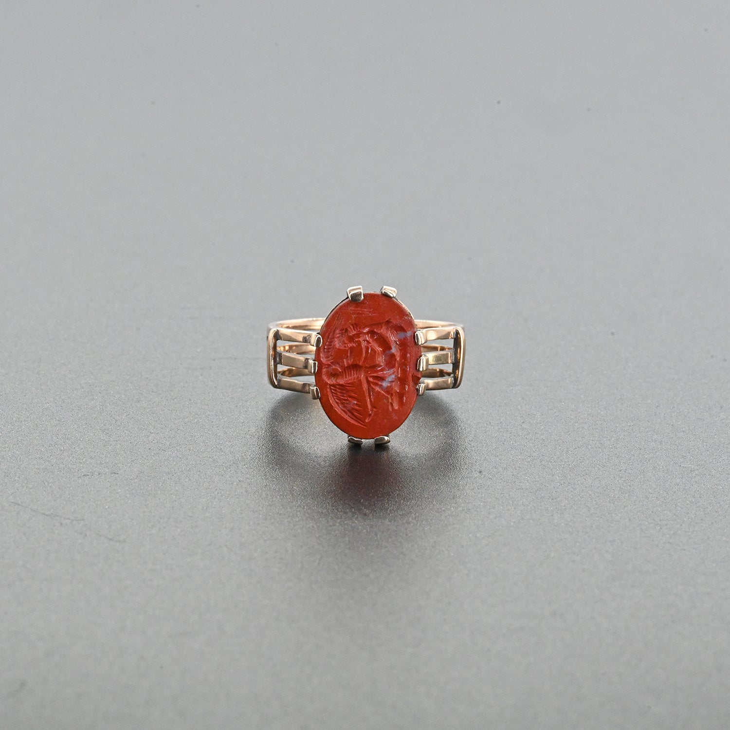 A Roman Red Jasper Intaglio of Leda and the Swan set as a ring, Roman Imperial Period, ca. 1st - 2nd century CE