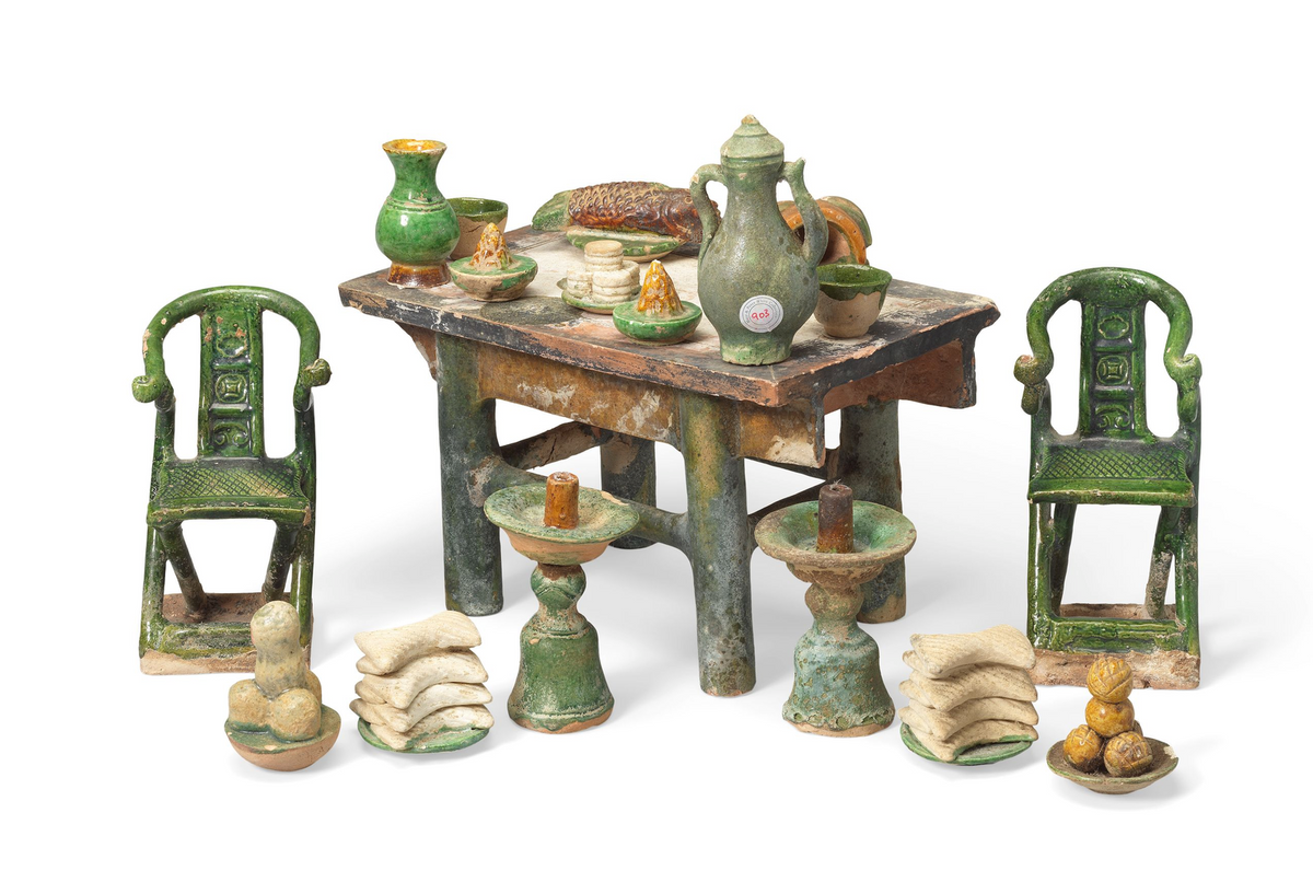 A Chinese Glazed Offering Table with Accessories, Ming Dynasty, ca. 1368 - 1644 CE