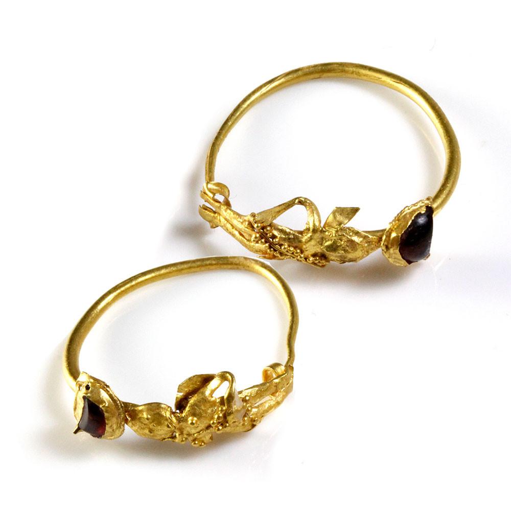 A Pair of Gold & Garnet Earrings of Eros, Hellenistic Period, ca. 2nd - 1st century BCE - Sands of Time Ancient Art