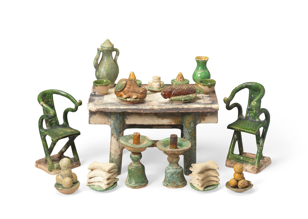 A Chinese Glazed Offering Table with Accessories, Ming Dynasty, ca. 1368 - 1644 CE