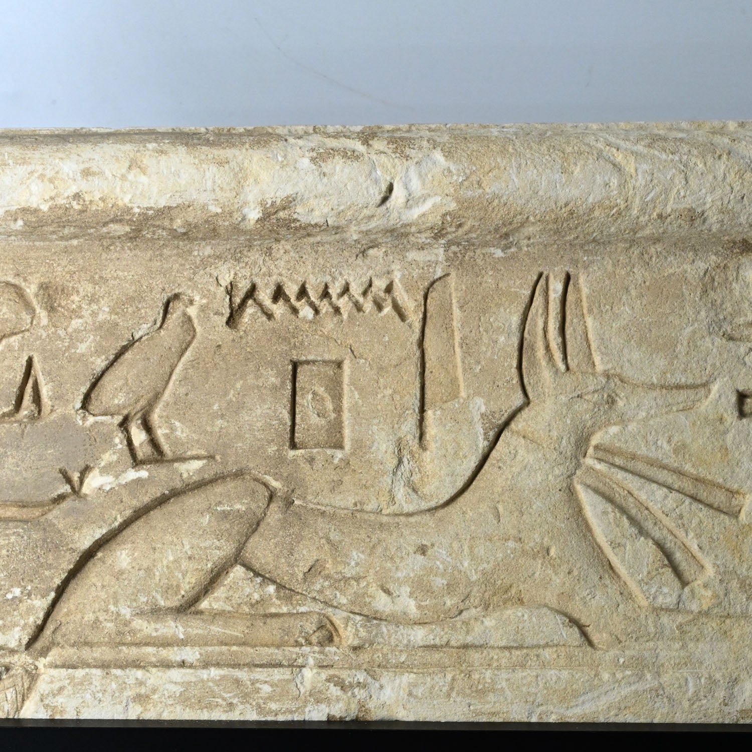 An Egyptian Limestone Relief fragment with Wedjet Eye and Anubis, New Kingdom, 18th Dynasty, ca. 1540 - 1292 BCE
