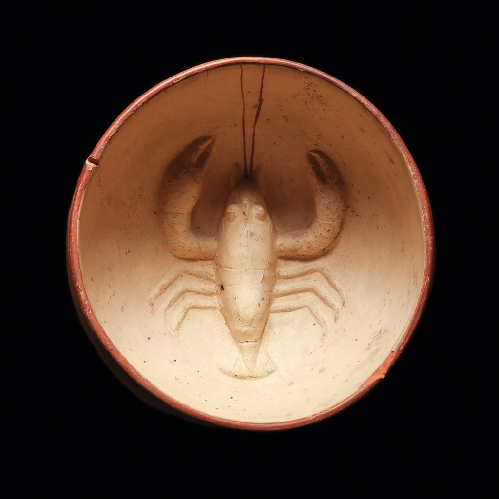 An Exhibited Moche Rattle Cup with Crayfish Center, Early Intermediate Period - Middle Horizon, ca. 200 - 800 CE