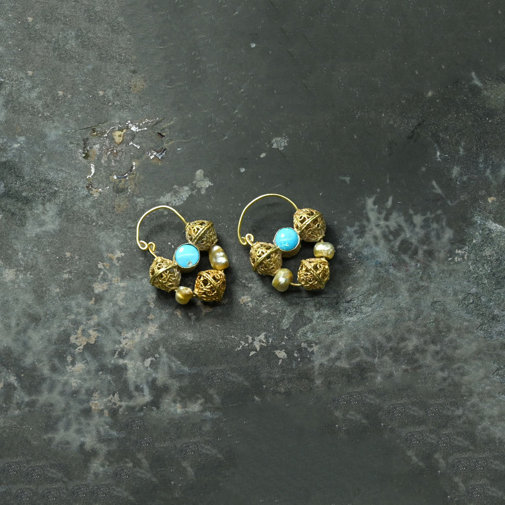 Byzantine/Islamic Pair of Gold, Turquoise, Pearl Earrings, ca. 10th century CE