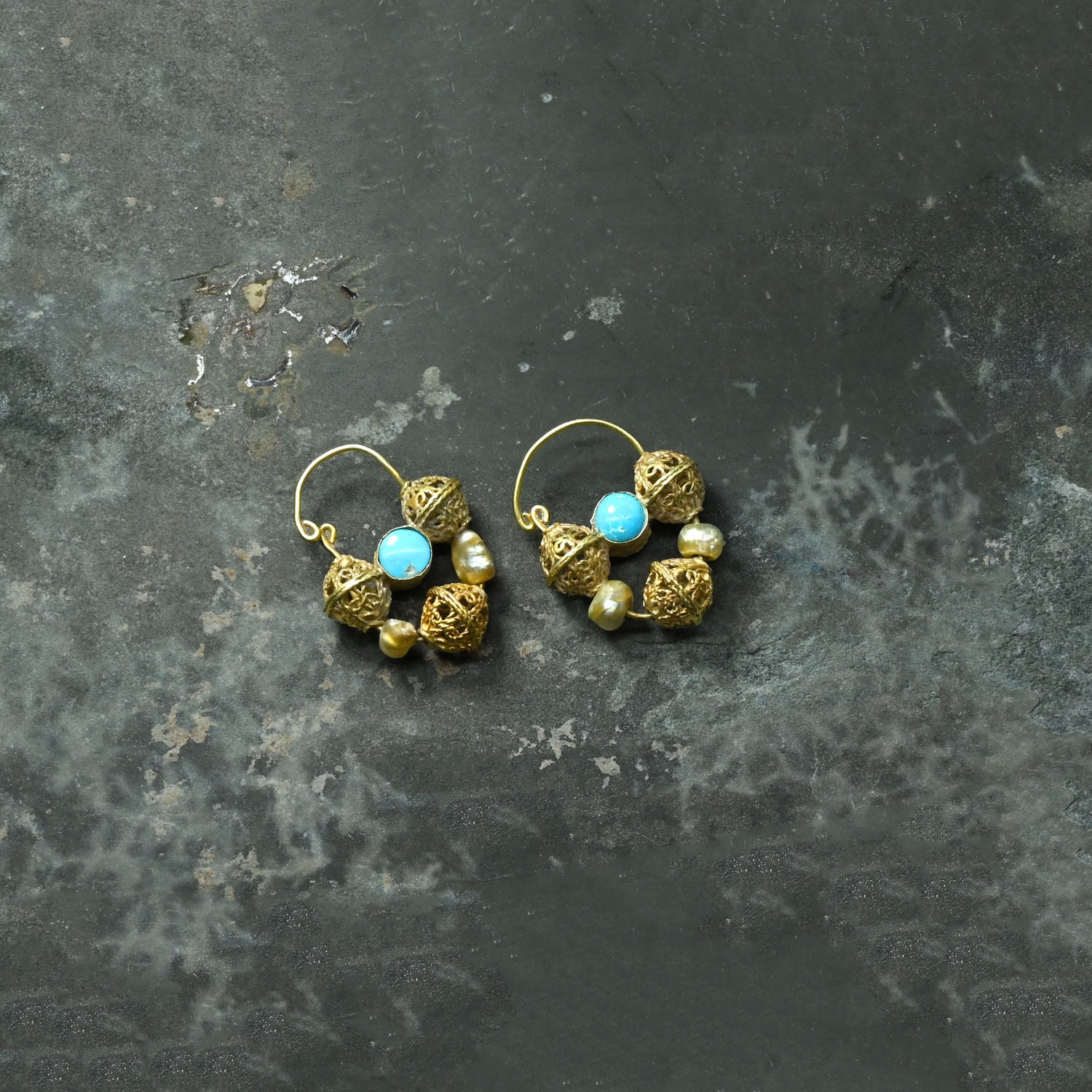 Byzantine/Islamic Pair of Gold, Turquoise, Pearl Earrings, ca. 10th century CE