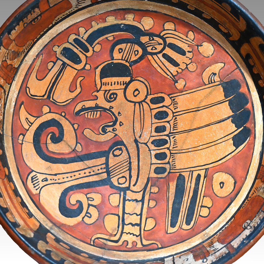 A Published Maya Polychrome Tripod Plate with Muan Bird Deity, Classic Period, ca. 500 - 800 CE