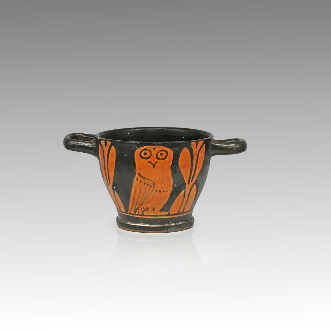 Apulian Red Figure Owl Skyphos, Apulia, South Italy, ca. 4th century BCE