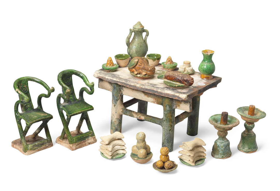 A Chinese Glazed Offering Table with Accessories, Ming Dynasty, ca. 1368 - 1644 CE