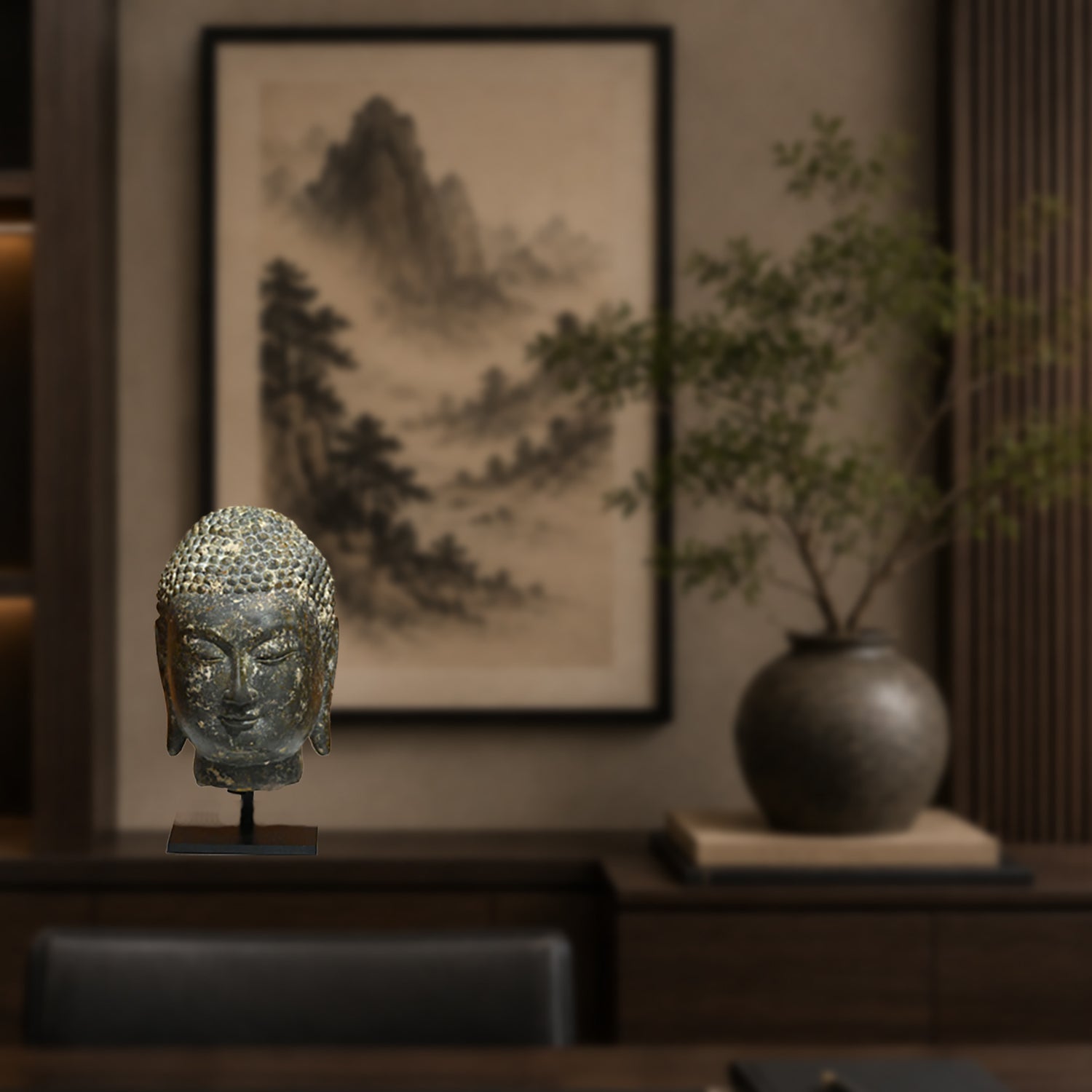 A Chinese Grey Limestone Head of a Buddha, Shandong Province, Northern Qi dynasty, ca. 550 - 577 CE