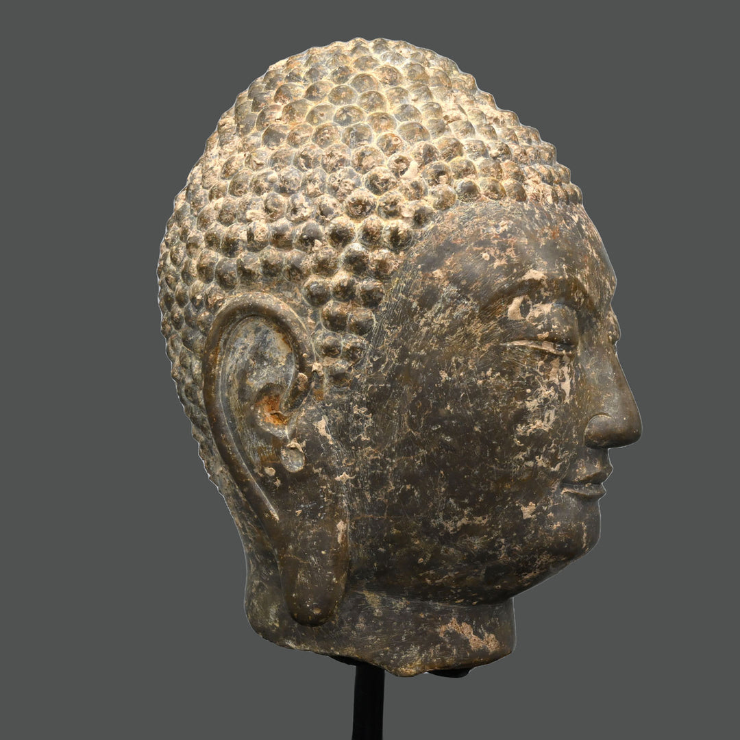 Ein chinesischer Buddha-Kopf aus grauem Kalkstein, Provinz Shandong, Nördliche Qi-Dynastie, ca. 550 - 577 n. Chr