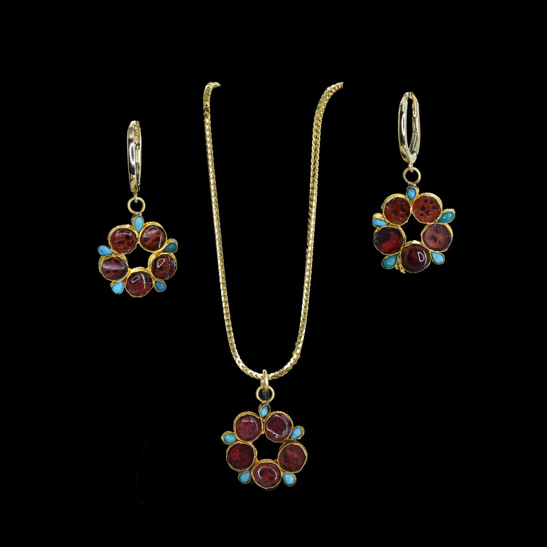 A pair of Ottoman turquoise and garnet inlaid gold drops, Ottoman Empire, ca. 15th - 17th century