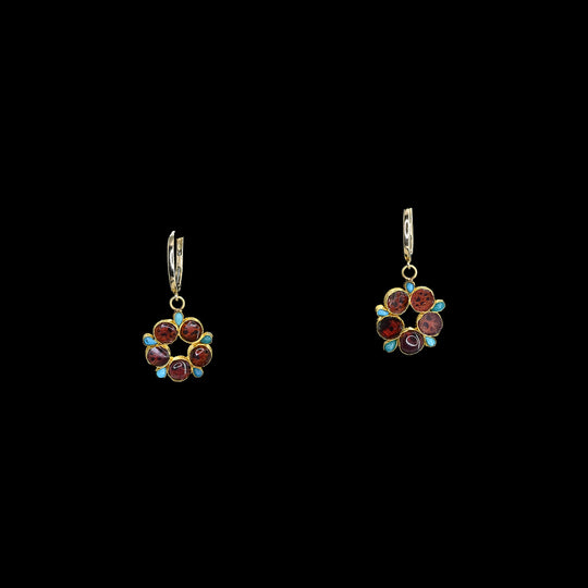 A pair of Ottoman turquoise and garnet inlaid gold drops, Ottoman Empire, ca. 15th - 17th century