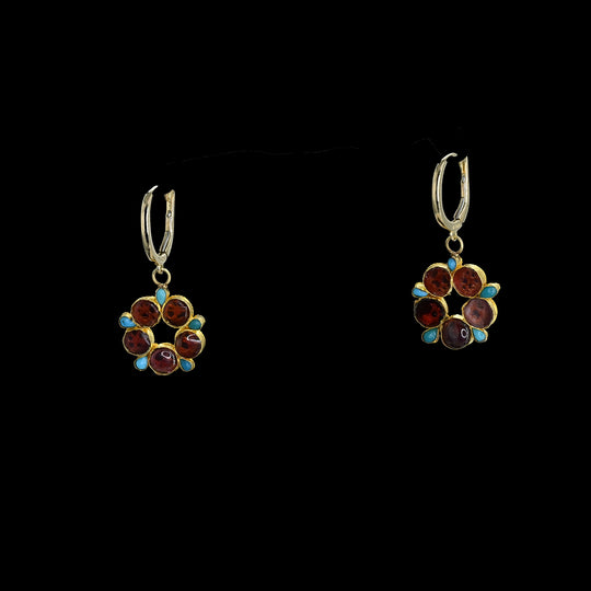 A pair of Ottoman turquoise and garnet inlaid gold drops, Ottoman Empire, ca. 15th - 17th century