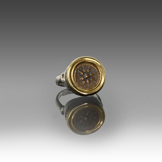 A Silver and Gold Ring With Ancient Widows Mite Biblical Coin, ca. 103 - 76 BCE