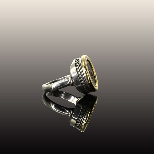 A Silver and Gold Ring With Ancient Widows Mite Biblical Coin, ca. 103 - 76 BCE