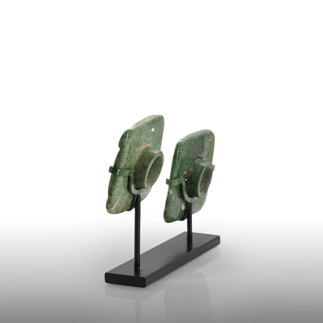 An exceptional pair of Maya Jade Pair of Earflare Frontals, Late Preclassic  - Classic Period, ca. 200 - 600 CE