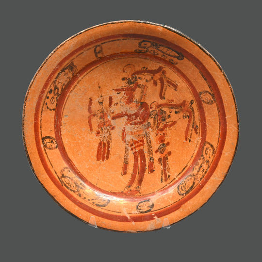 A large Mayan Orangeware Plate with Maize God Dancer, Classic Period, ca. 300 - 400 CE