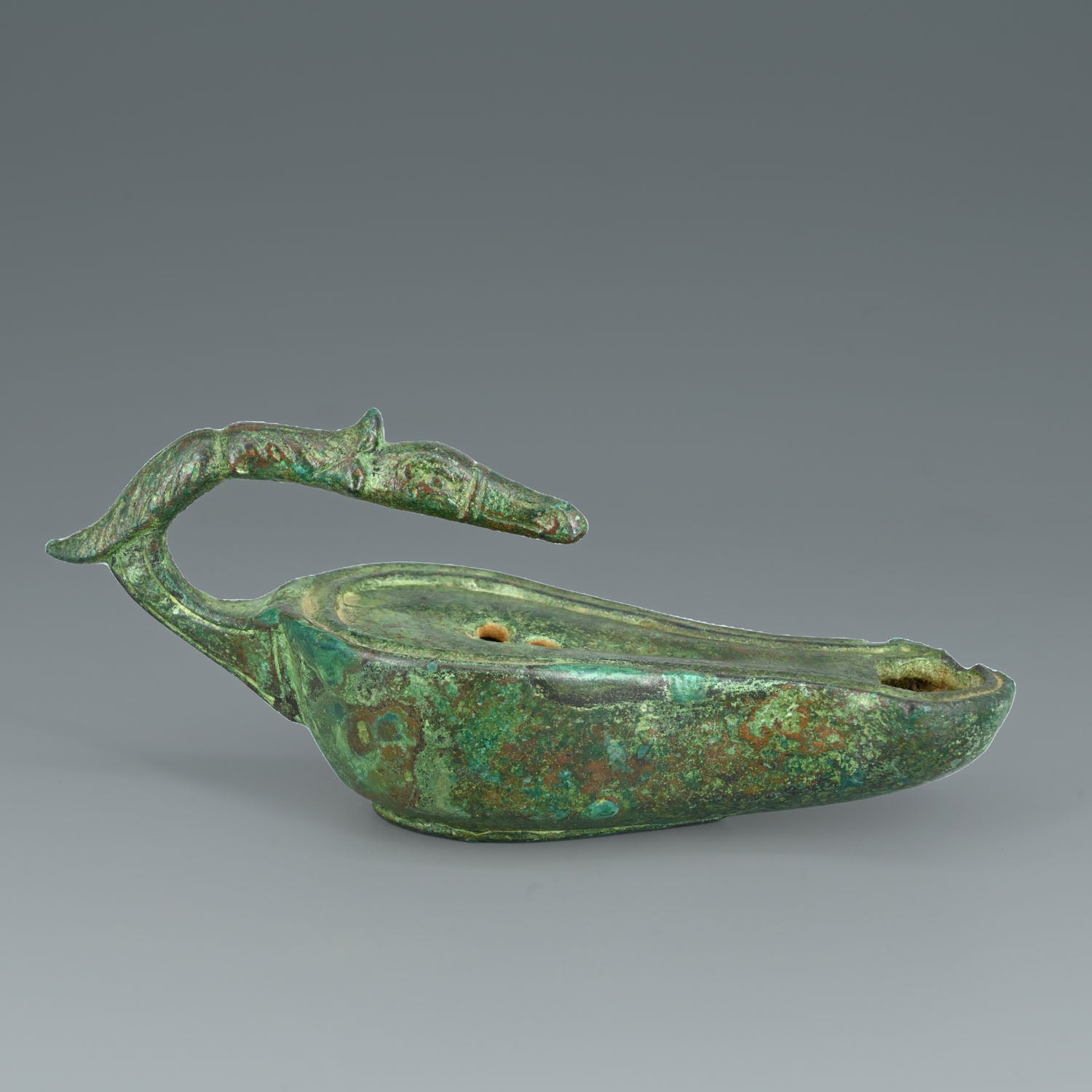 A Roman Bronze Oil Lamp with Duck Head, Roman Imperial Period, ca. 2nd - 3rd century CE