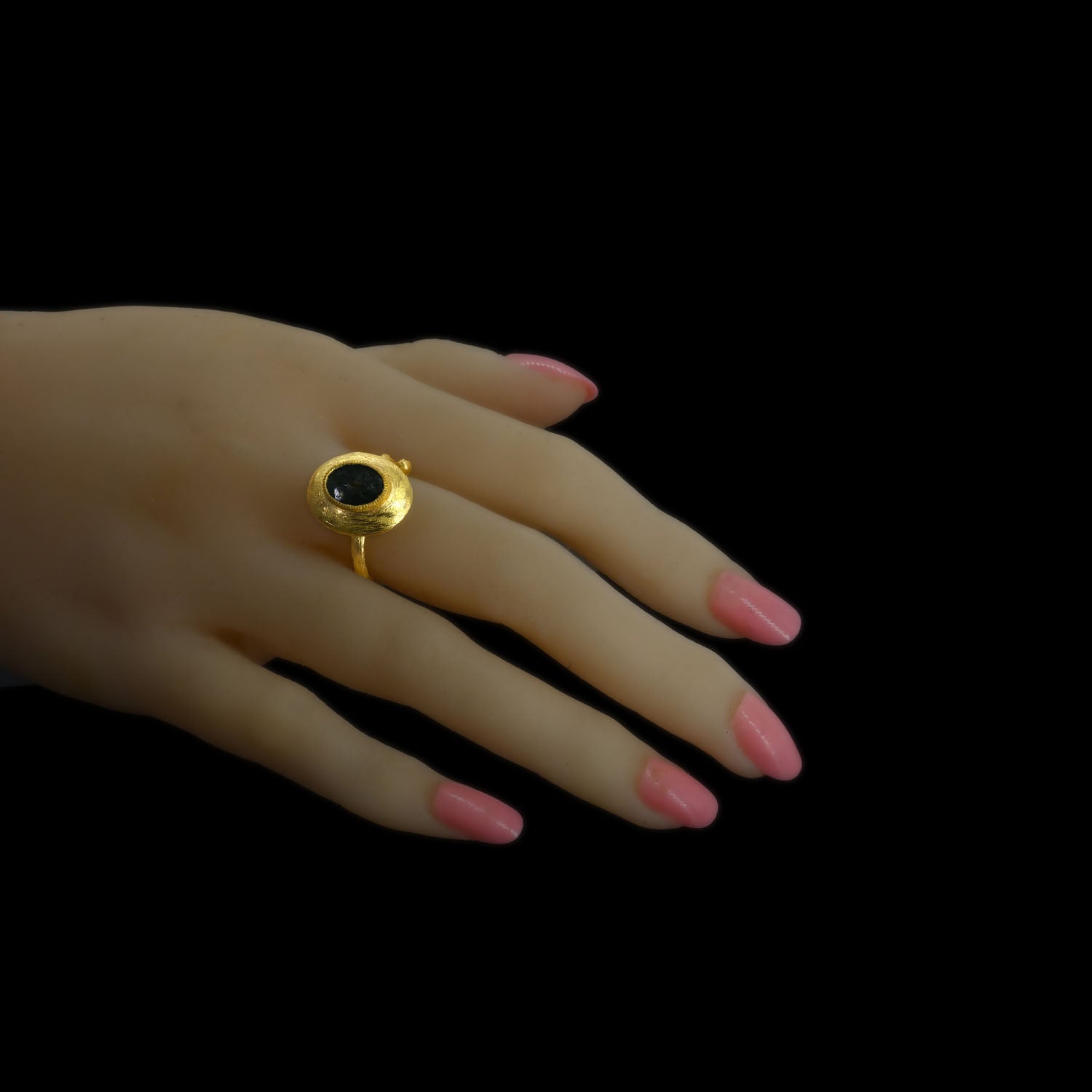 Roman Green Chalcedony Intaglio of Dancing Satyr set as a ring, Roman Imperial Period, ca. 1st - 3rd century CE