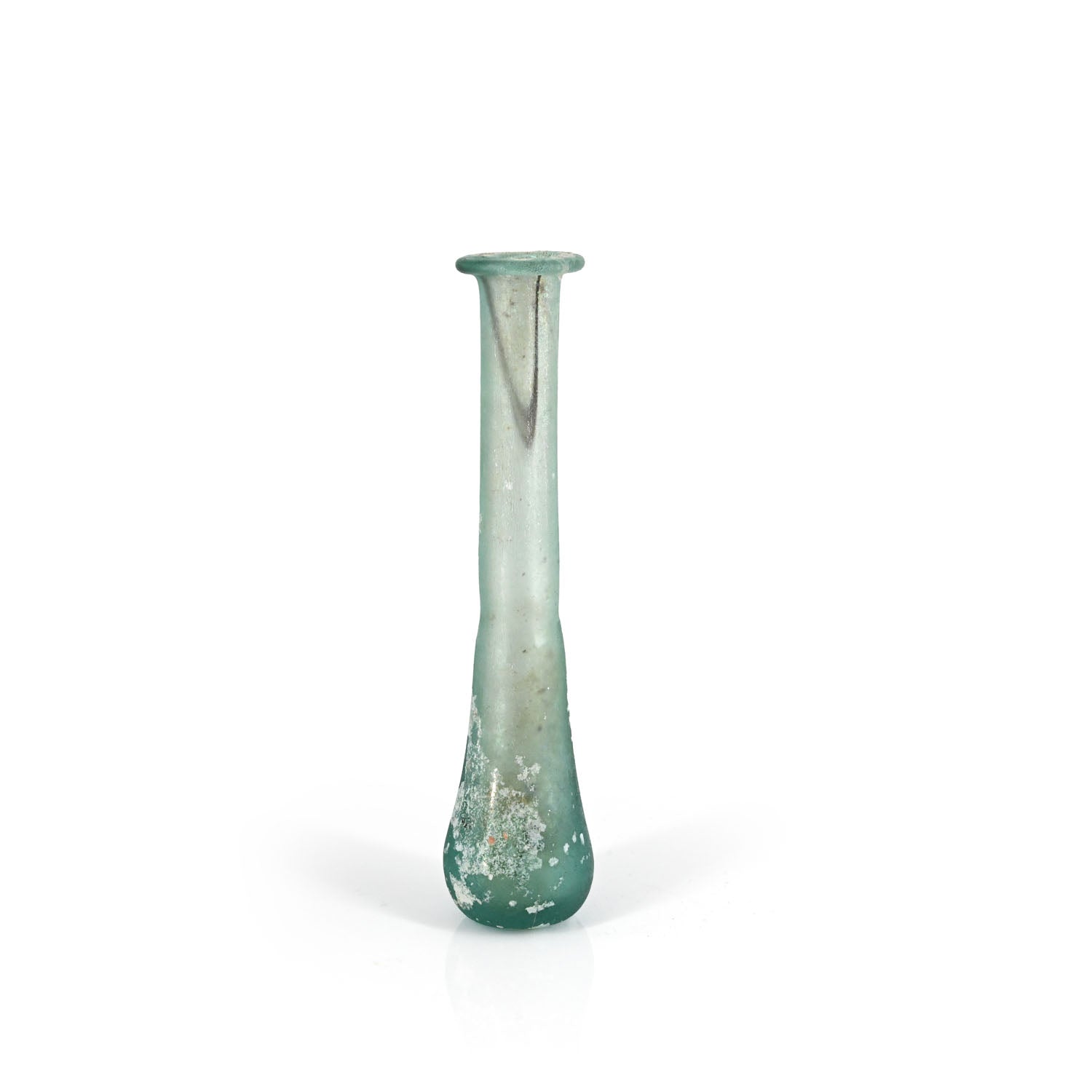 Une bouteille lacrymale romaine en verre bleu turquoise, début de la période impériale romaine, vers le 1er siècle de notre ère