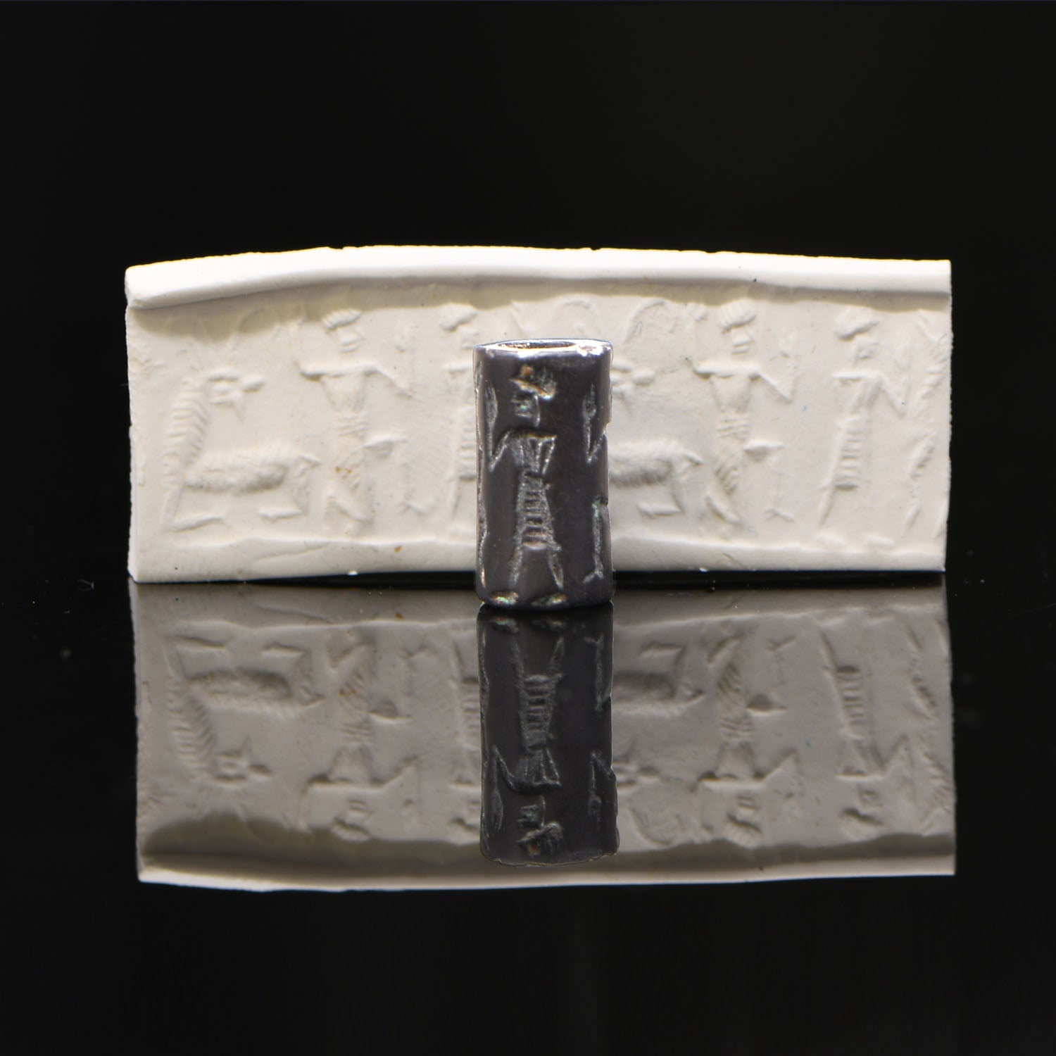 Old Babylonian Black Serpentine Cylinder Seal with Ritual Scene, Old Babylonian Period, ca. 2000 - 1600 BCE