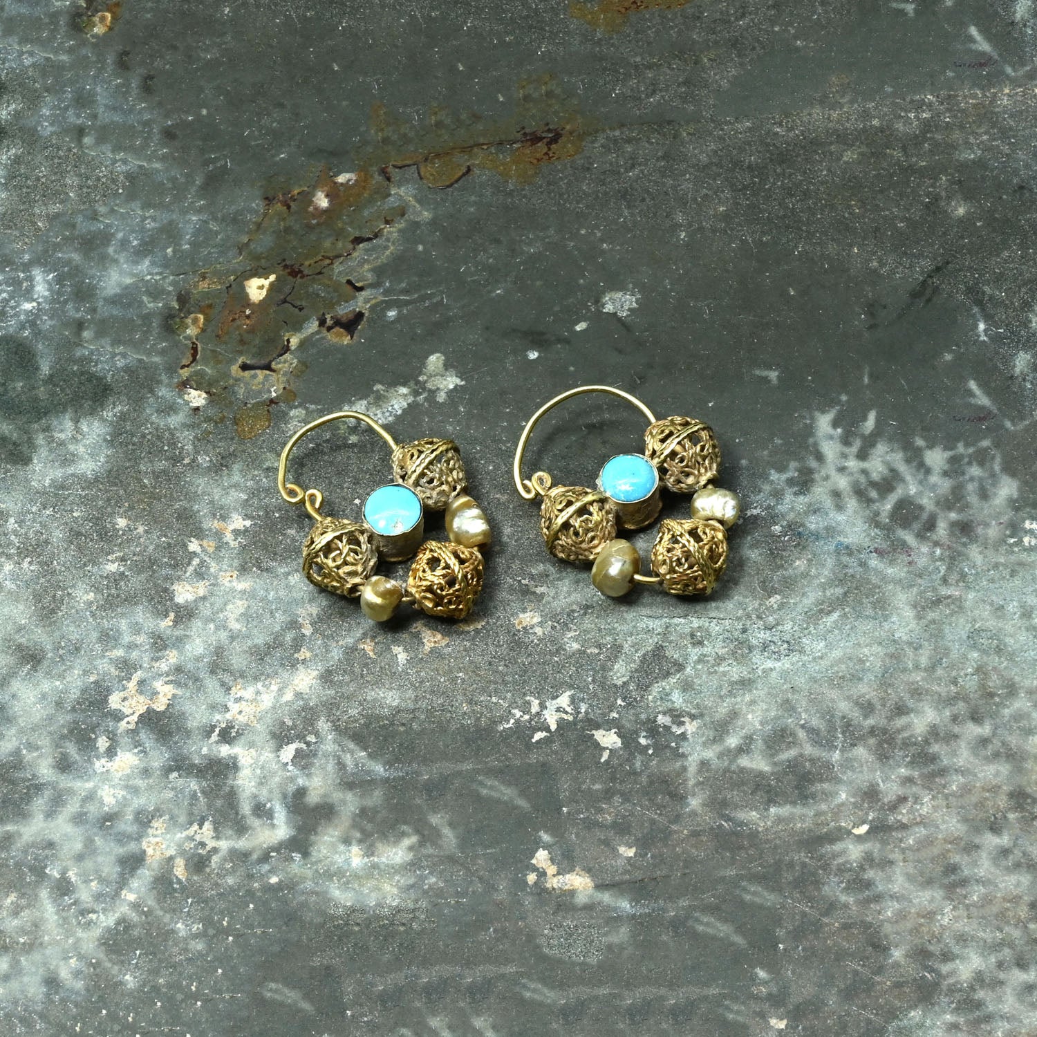 Byzantine/Islamic Pair of Gold, Turquoise, Pearl Earrings, ca. 10th century CE
