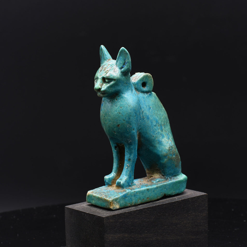 A rare Egyptian Blue Glazed Faience Statue of a Cat, 26th Dynasty, ca. 664 - 525 BCE