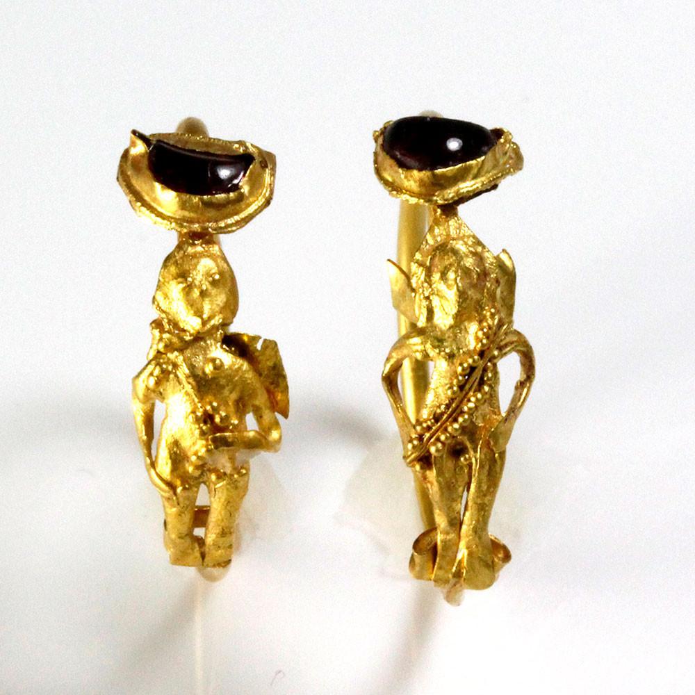 A Pair of Gold & Garnet Earrings of Eros, Hellenistic Period, ca. 2nd - 1st century BCE - Sands of Time Ancient Art