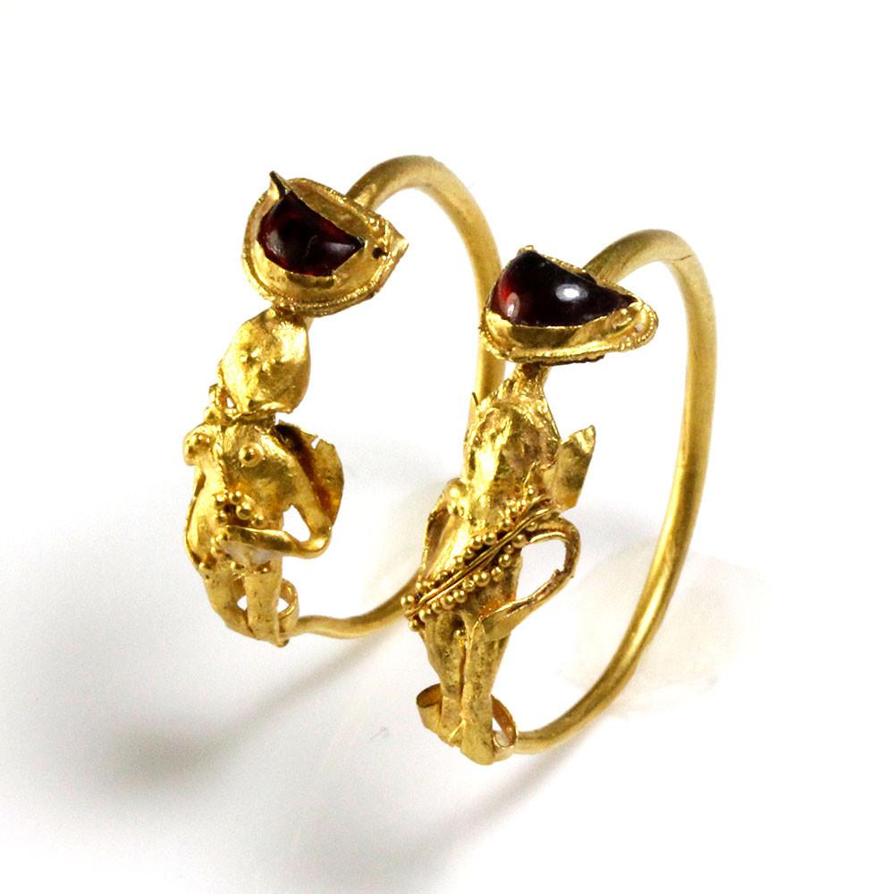 A Pair of Gold & Garnet Earrings of Eros, Hellenistic Period, ca. 2nd - 1st century BCE - Sands of Time Ancient Art
