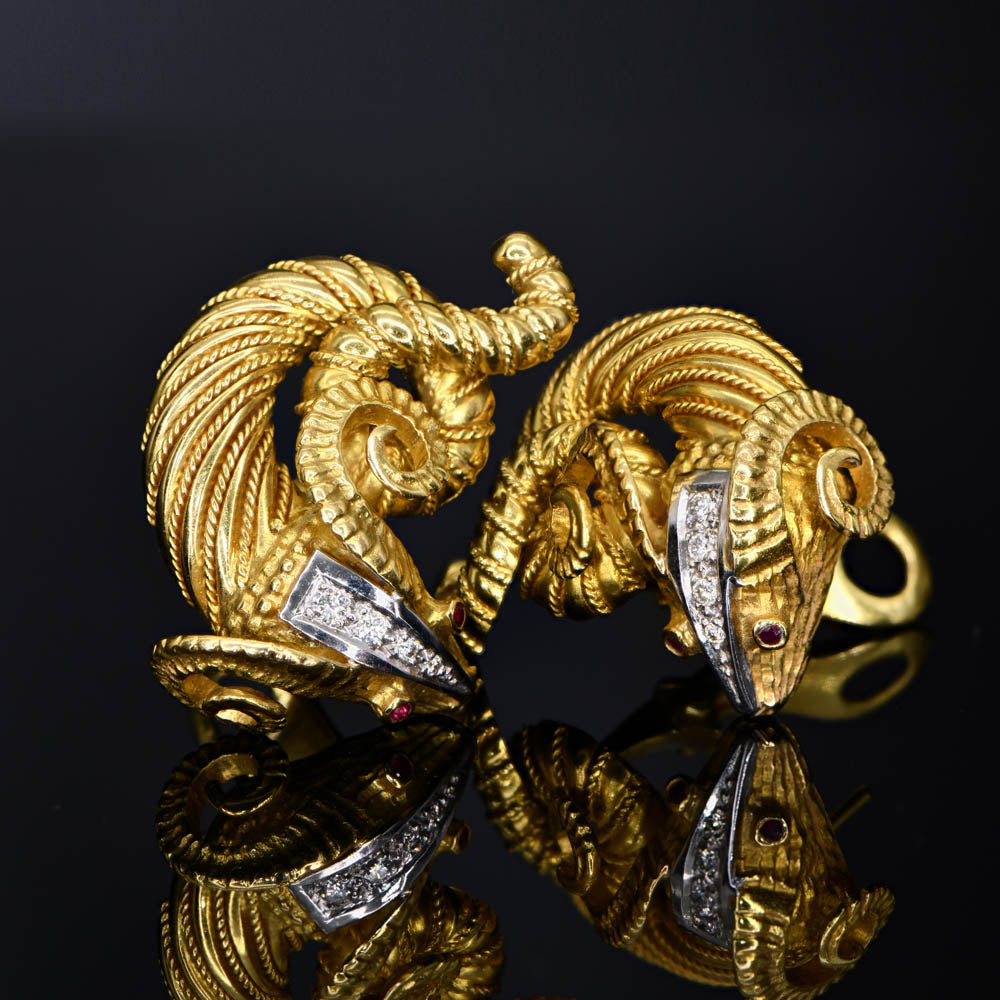 Magnificent 1980s Greek 18K Gold, Diamond and Ruby Earrings