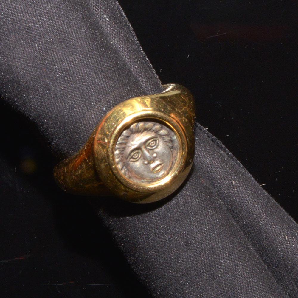 A Thracian silver Apollonia Pontika drachm (ca. 400 - 350 BCE) set in a gold ring - Sands of Time Ancient Art