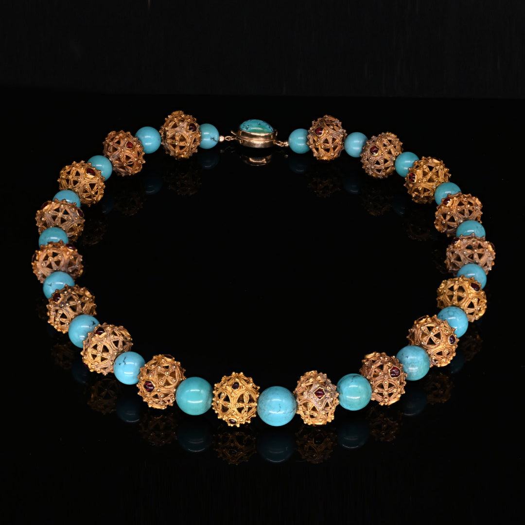 An Islamic Gold, Garnet, and Turquoise Bead Necklace, Middle Islamic/Byzantine Period, ca. 8th - 9th century CE