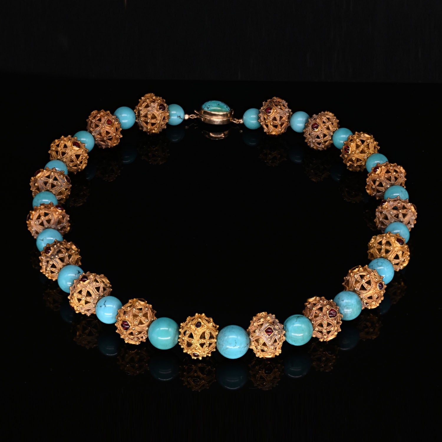 An Islamic Gold, Garnet, and Turquoise Bead Necklace, Middle Islamic/Byzantine Period, ca. 8th - 9th century CE