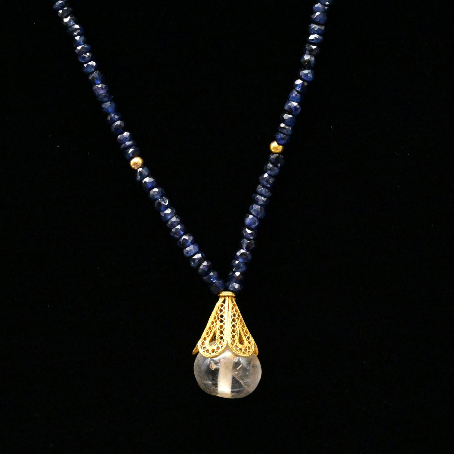 A Sapphire Bead Necklace with Islamic Gold Drop Pendant, ca. 14th - 16th century CE