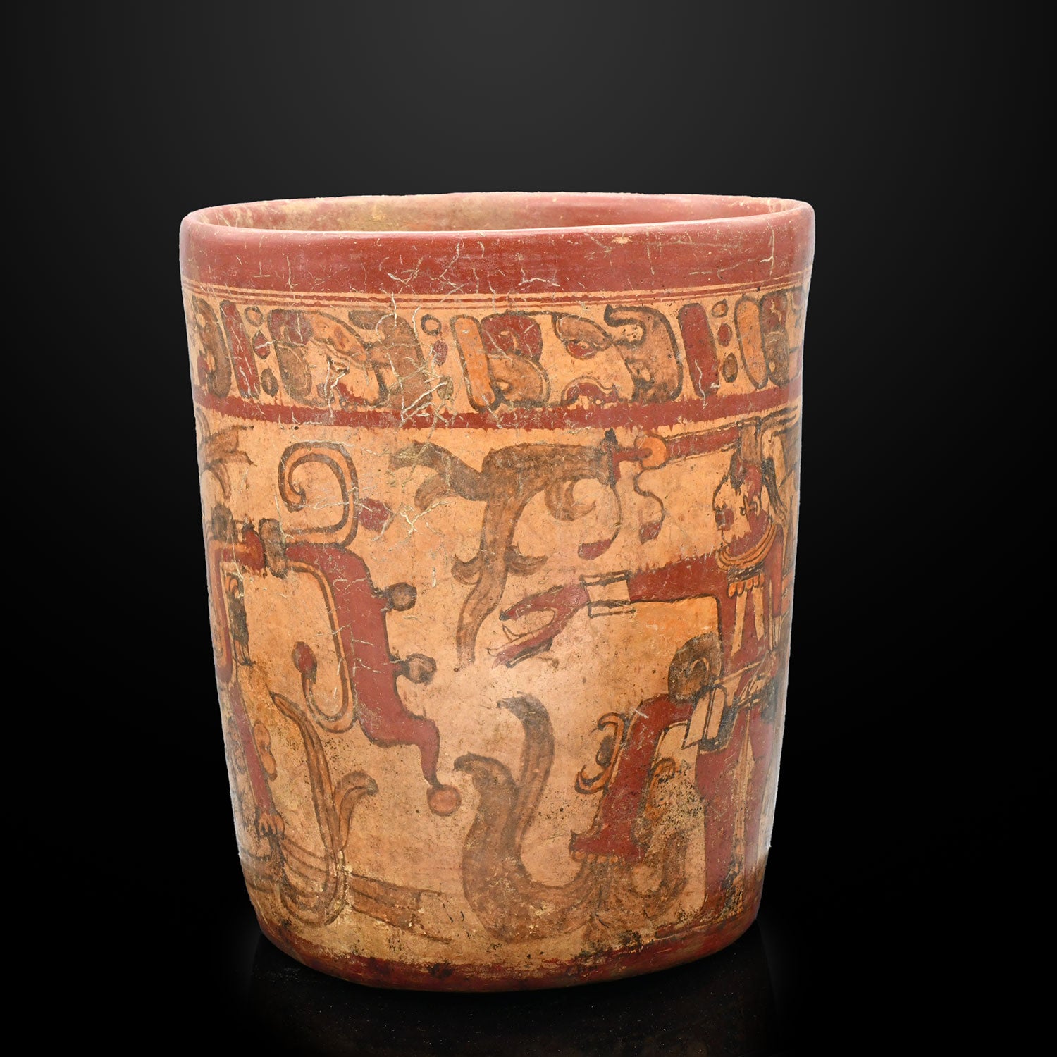 A large Mayan Polychrome Cylinder Vessel, Classic Maya Period, ca. 500 - 800 CE