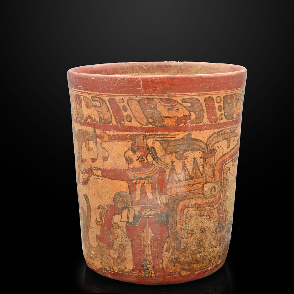 A large Mayan Polychrome Cylinder Vessel, Classic Maya Period, ca. 500 - 800 CE
