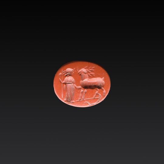 A Roman Red Jasper Intaglio of Diana and Stag, Roman Imperial Period, ca. 1st - 3rd century CE