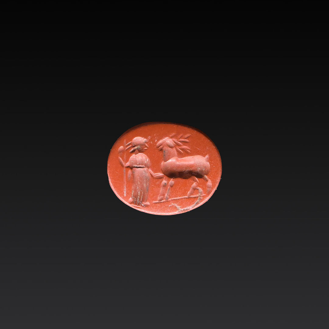Ein römisches Intaglio aus rotem Jaspis von Diana und Hirsch, römische Kaiserzeit, ca. 1. – 3. Jahrhundert n. Chr