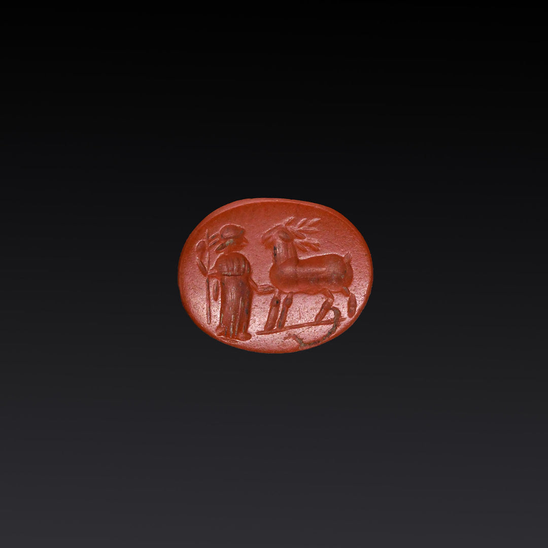 Ein römisches Intaglio aus rotem Jaspis von Diana und Hirsch, römische Kaiserzeit, ca. 1. – 3. Jahrhundert n. Chr