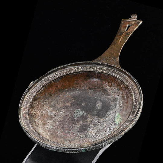 A Roman Military bronze Skillet with maker mark of Publius Cipius Polybius, Flavian Period (65-85 CE) - Sands of Time Ancient Art