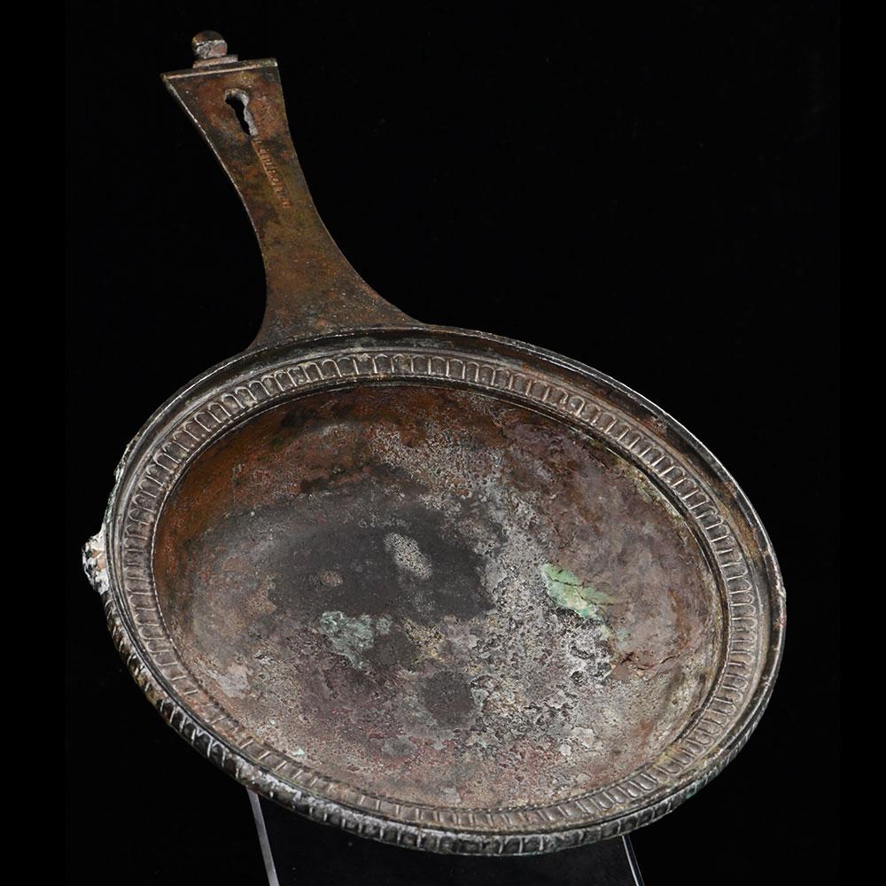 A Roman Military bronze Skillet with maker mark of Publius Cipius Polybius, Flavian Period (65-85 CE) - Sands of Time Ancient Art