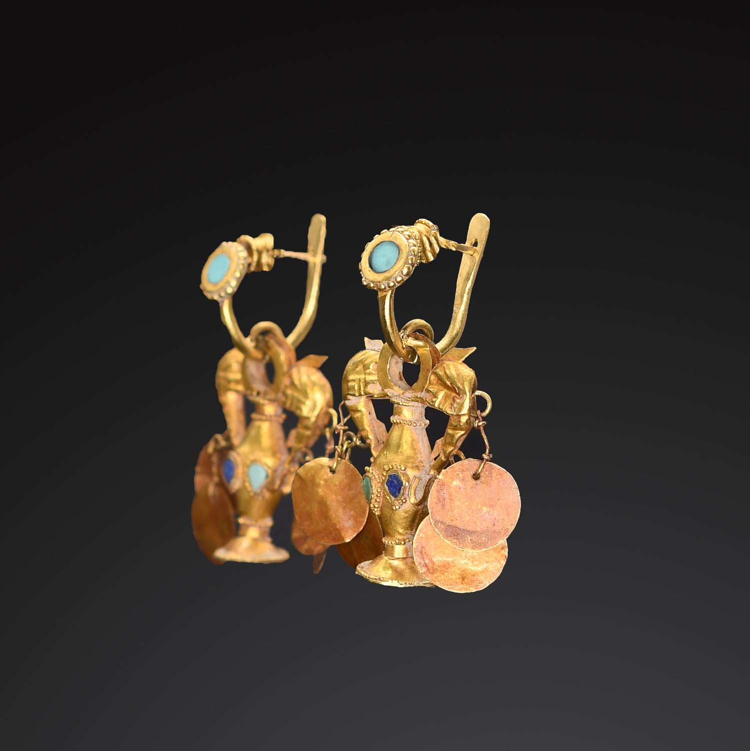 A Pair of East Roman Gold, Turquoise, and Lapis Earrings, Roman Imperial Period, ca. 2nd - 3rd century CE
