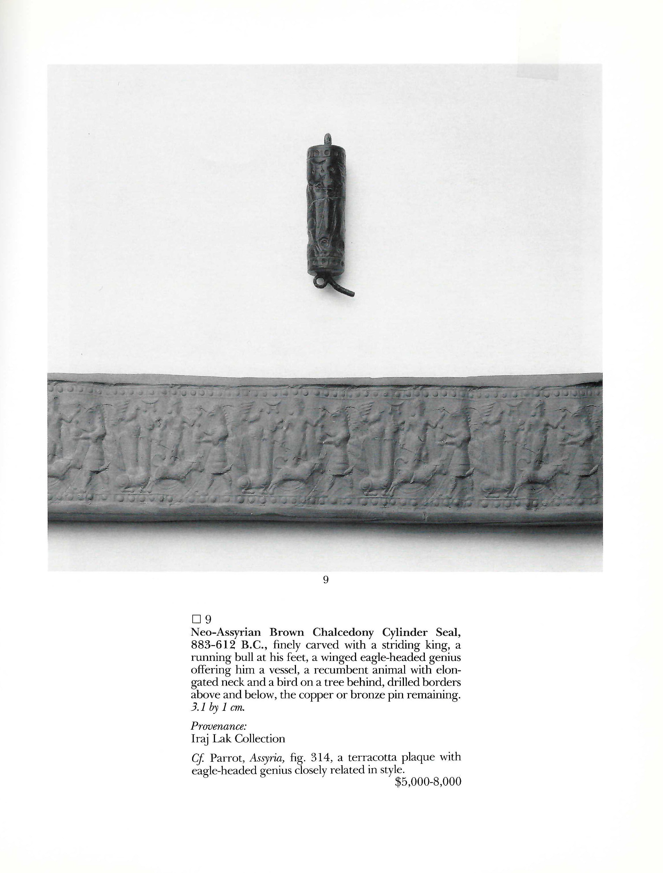Ein neuassyrisches Zylindersiegel aus braunem Chalcedon, ca. 883 - 612 v. Chr